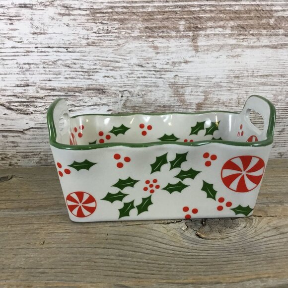Temp-Tations 12 Oz Ceramic Holiday Mini Loaf Pan w/ Handles Holly & Peppermint - Picture 1 of 10